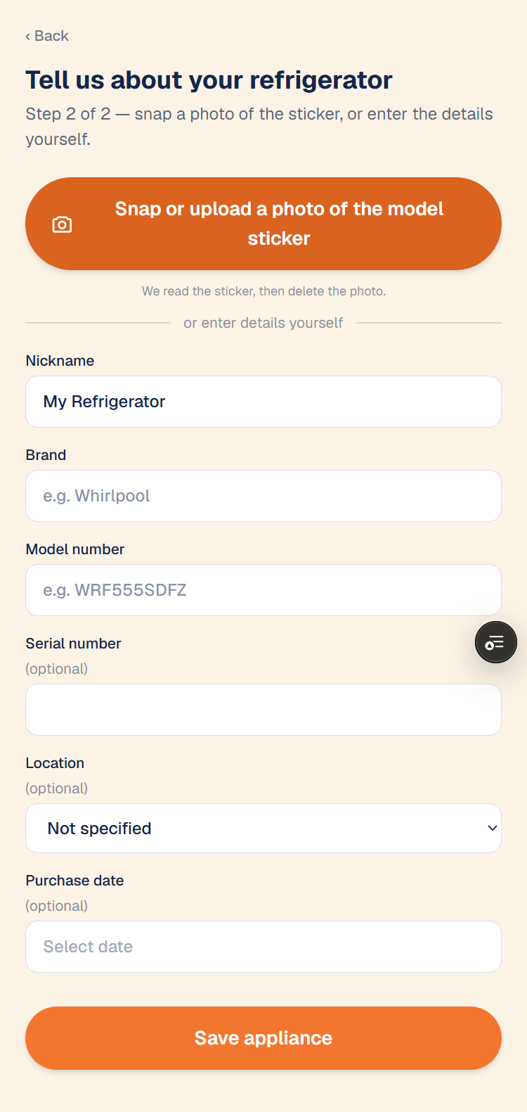 The add-appliance form with a button to snap or upload a photo of the model sticker, plus fields for nickname, brand, model, and serial number